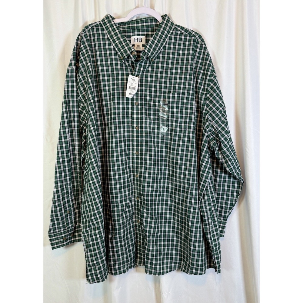 NWT HB Men's 4XL Green and White Plaid Button Down Shirt